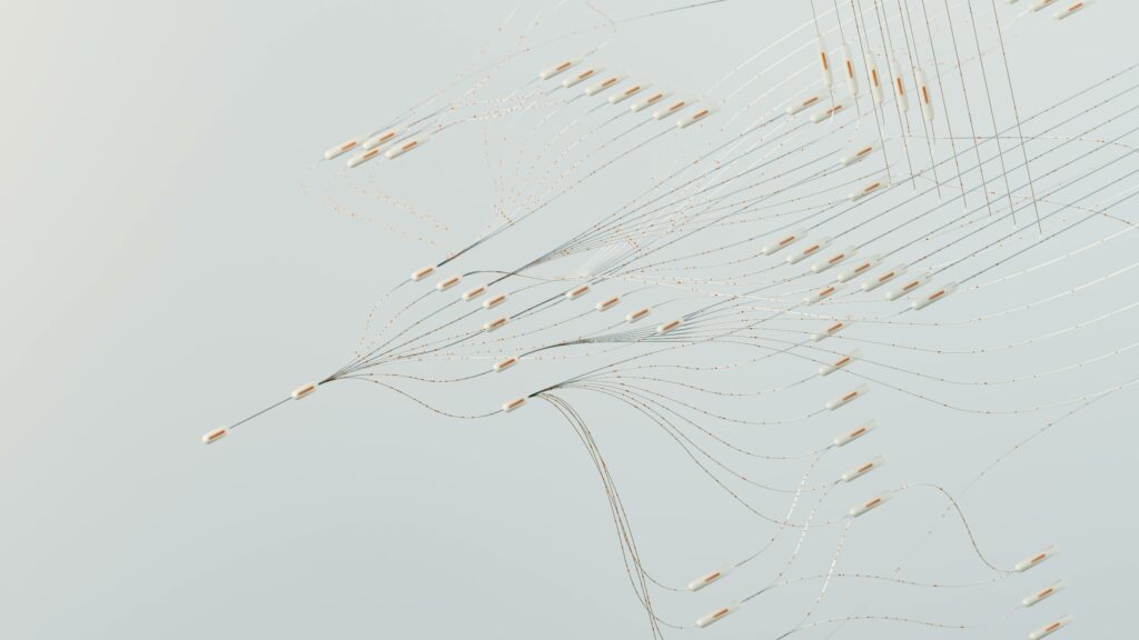 Abstract illustration depicting complex digital neural networks and data flow.